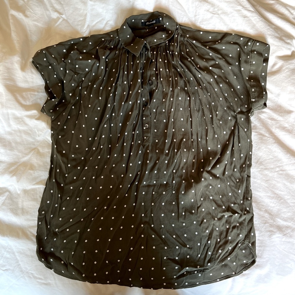 Madewell Olive Green Polkadot Short Sleeve Blouse